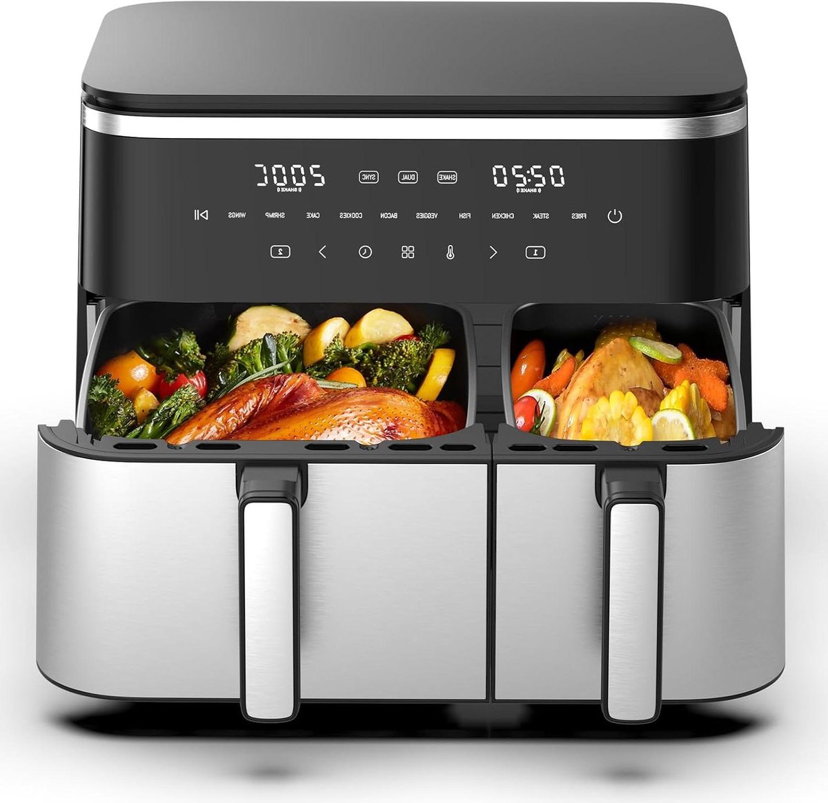 Heteluchtfriteuse Dubbel - Dubbele mand - Gelijk Koken - Sync Functie - 11 Liter - Zwart