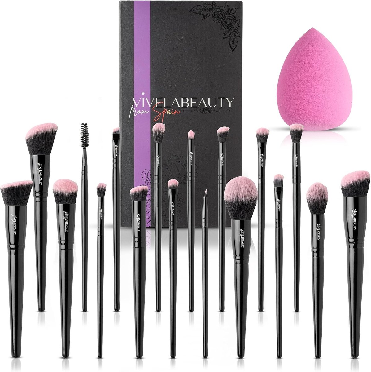 SnelShoppen - Vivela 18-delige premium kwastenset voor make-up met zachte spons, professionele parelzwarten kwasten voor foundation, poeder, contour e