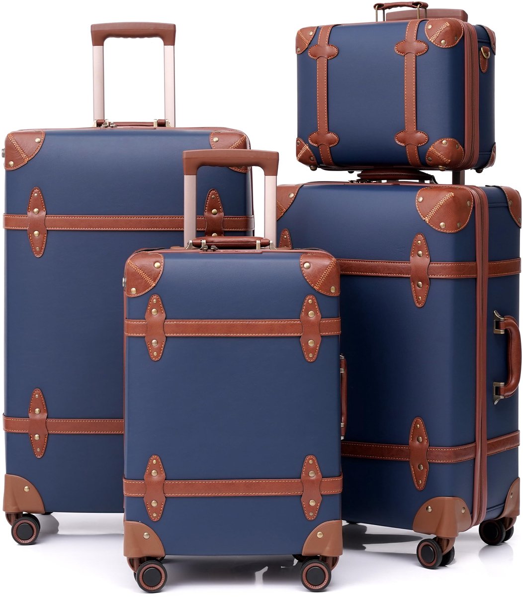 SnelShoppen - Urecity Vintage Reiskofferset 4-delig, Lichtgewicht Retro Lederen Koffer met Harde Schaal, Trolley, Handbagage Set met TSA-slot en 8 Wie