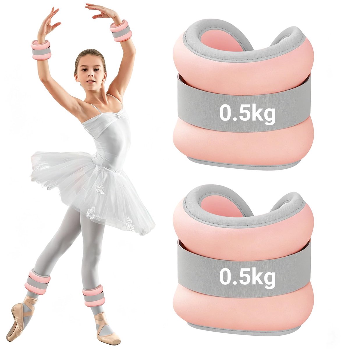 SnelShoppen - Gewichtsmanchetten voor benen en armen, 2 stuks (0,5 kg elk), lichtroze, perfect voor pilates, yoga, joggen, fitness, kinderen en beginn