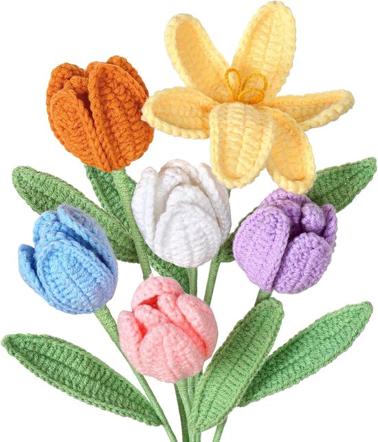 SnelShoppen - 6 Stuks Gehaakte Bloemen Boeket Kunstmatige Tulpen Bloem Boeket Handgemaakte Gebreide Tulpen Bulk Nep Bloemen voor Verjaardag Afstuderen