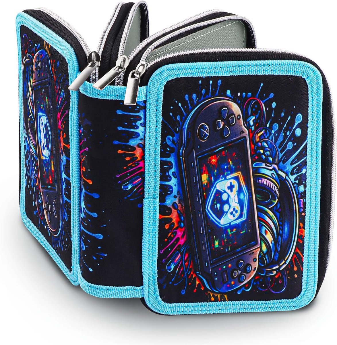SnelShoppen - Game-etui met 3 vakken, pennenetui voor jongens, grote capaciteit, coole game-design, ritssluiting, etui voor school, tieners, kinderen,