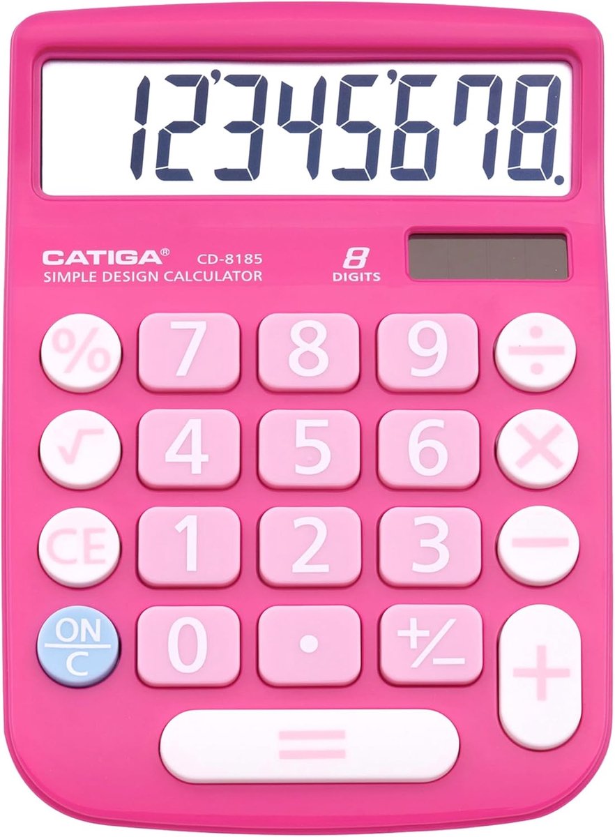 SnelShoppen - Rekenmachine voor kantoor en thuis, 8-cijferig LCD-display, geschikt voor bureau en onderweg, roze, compacte calculator, ideaal voor stu