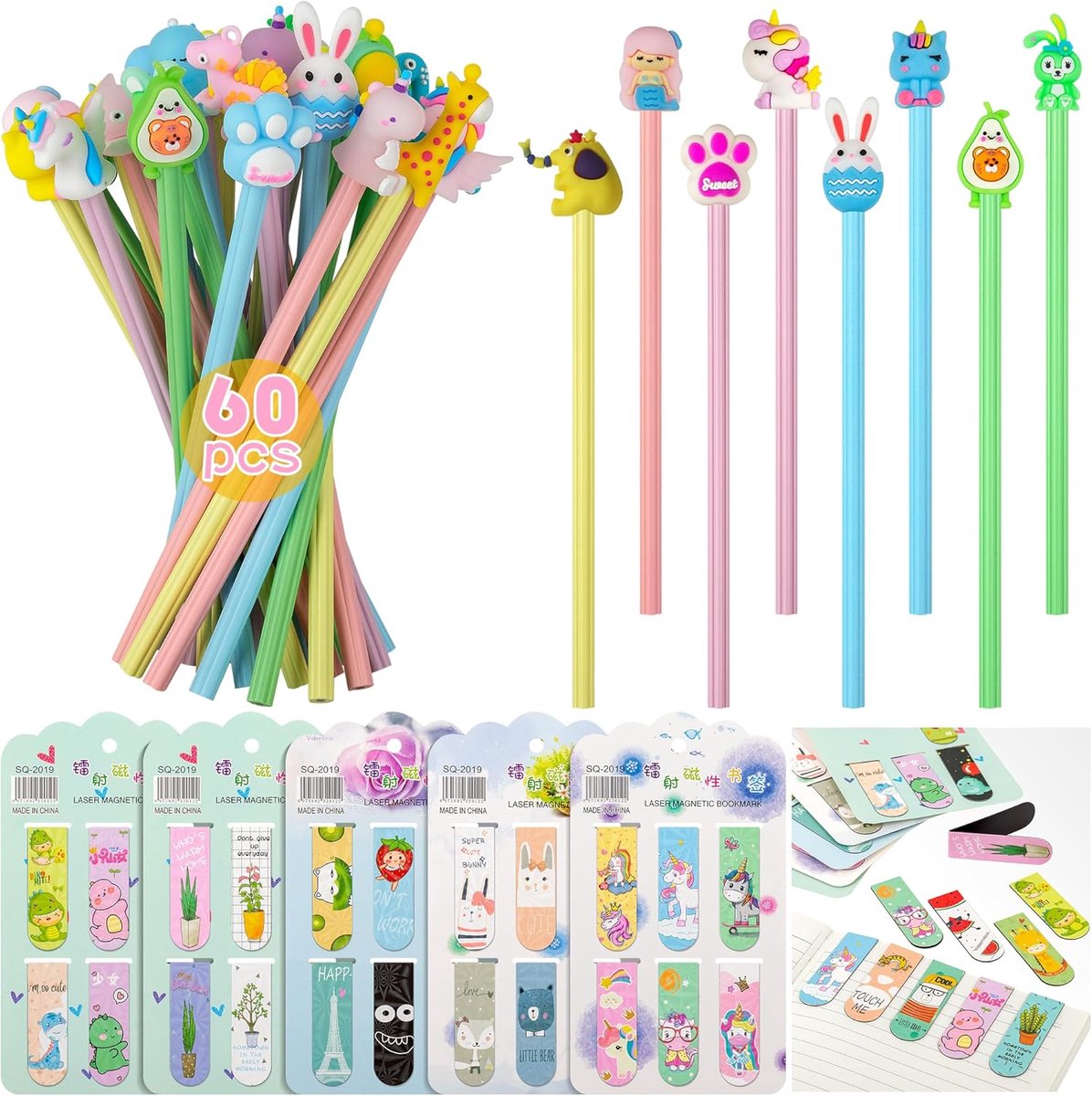 SnelShoppen - 60 Delen Potloden Set met Cartoon Boekmerken voor Kinderen - Kleurige Dinosaurus, Zeemeermin, Dier en Plant Motieven - Perfect voor Verj