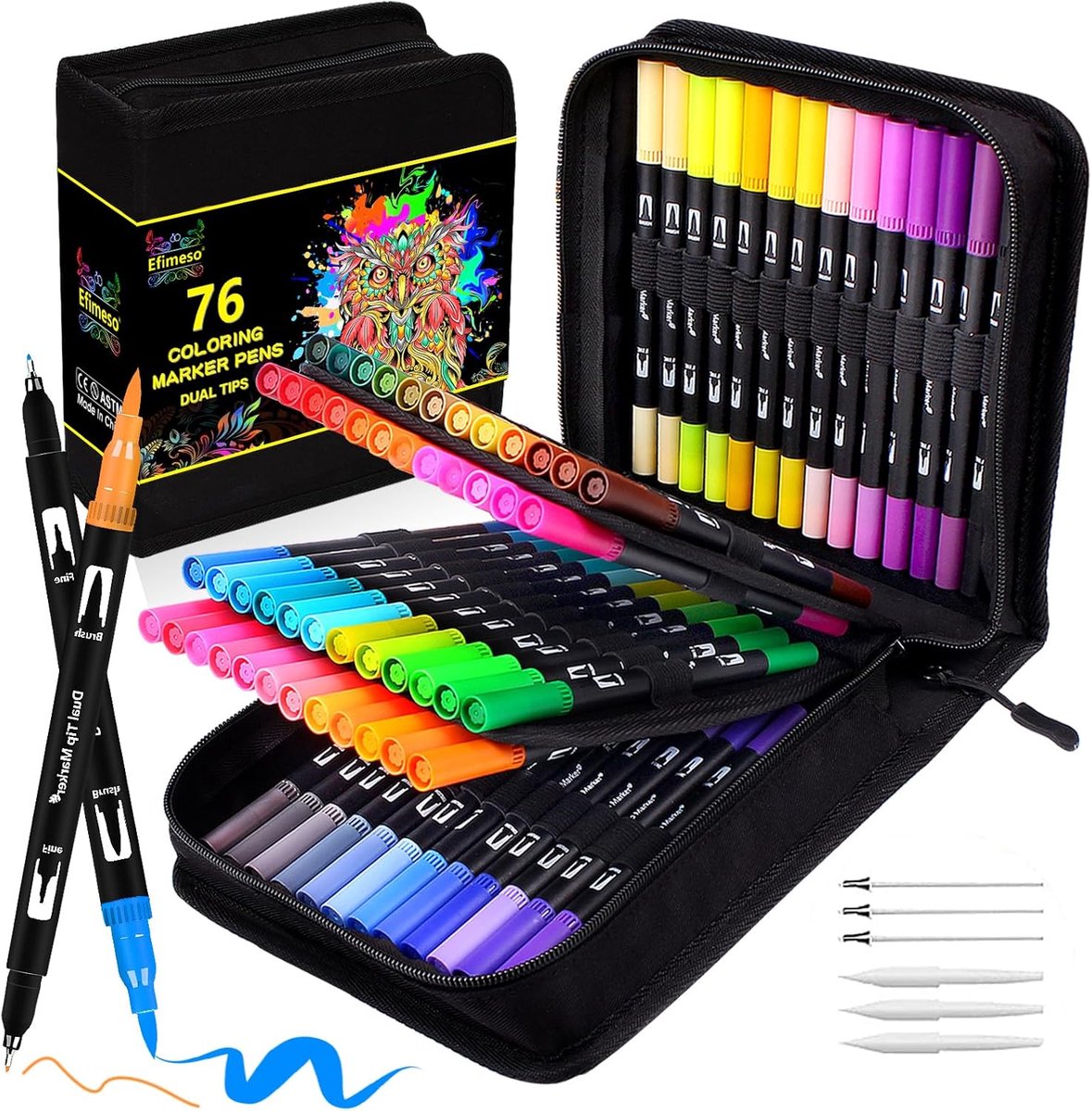 SnelShoppen - 76 Viltstiften voor Kinderen en Volwassenen, Set Penseelstiften met Dubbele Punt, Gekleurde Fineliners en Dual Brush Pens in Etui, Perfe