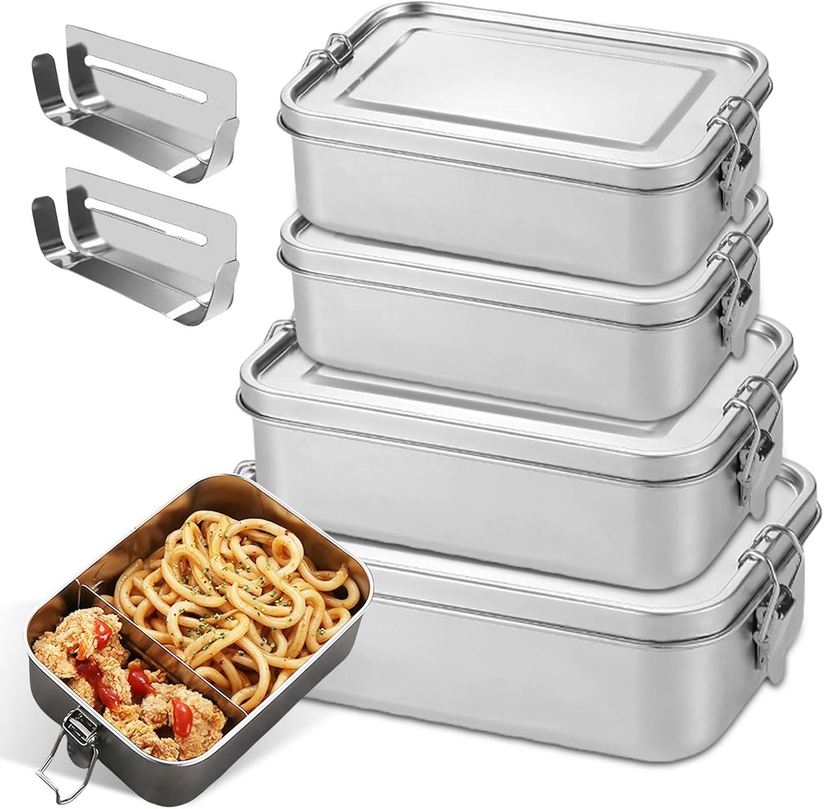 SnelShoppen - 4 Stuks Broodtrommel Roestvrij Staal met Vakken - 550ml, 850ml, 1400ml - Lunchbox voor Soep en Salade - 304 Stalen Bentoboxen met Deksel