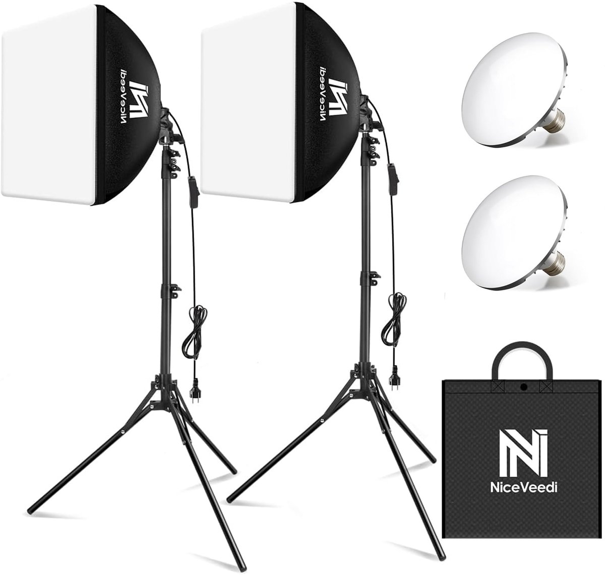 SnelShoppen - NiceVeedi Fotografie Licht Kit 5400K Softbox Verlichting met 160cm Statief & 50W LED-lamp, 2-PACK voor Video Opname, Live Streaming en S