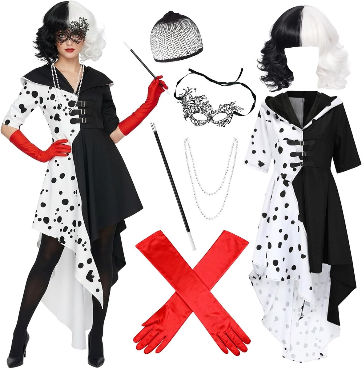 7-delig Devil kostuum voor dames met zwarte en witte pruik, jurk, masker en accessoires voor carnaval en themafeesten
