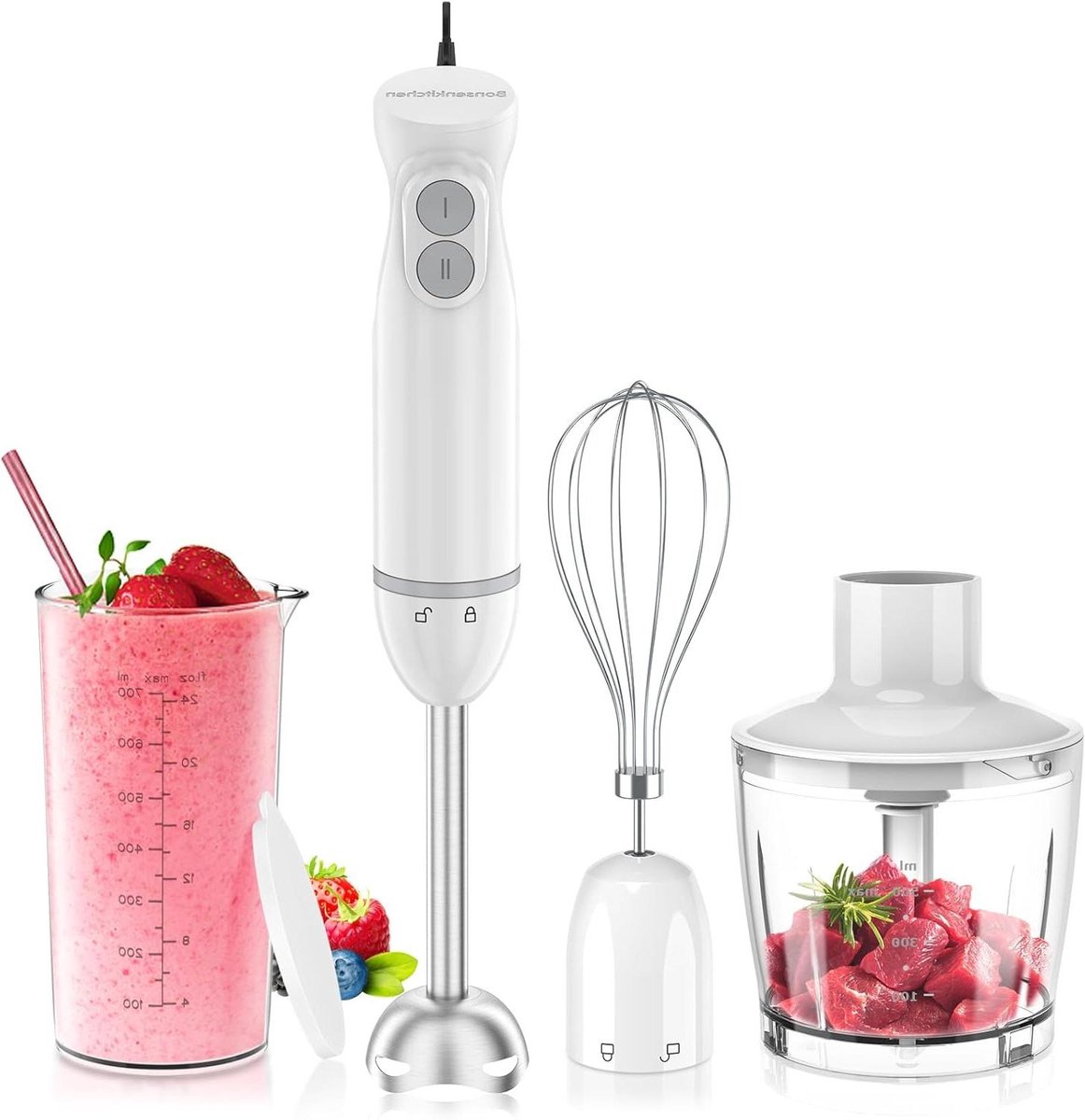 Staafmixer Set - Keuken Blender - Maaltijden Bereiden - Krachtige 1000W Motor - 500ml Kom - Wit