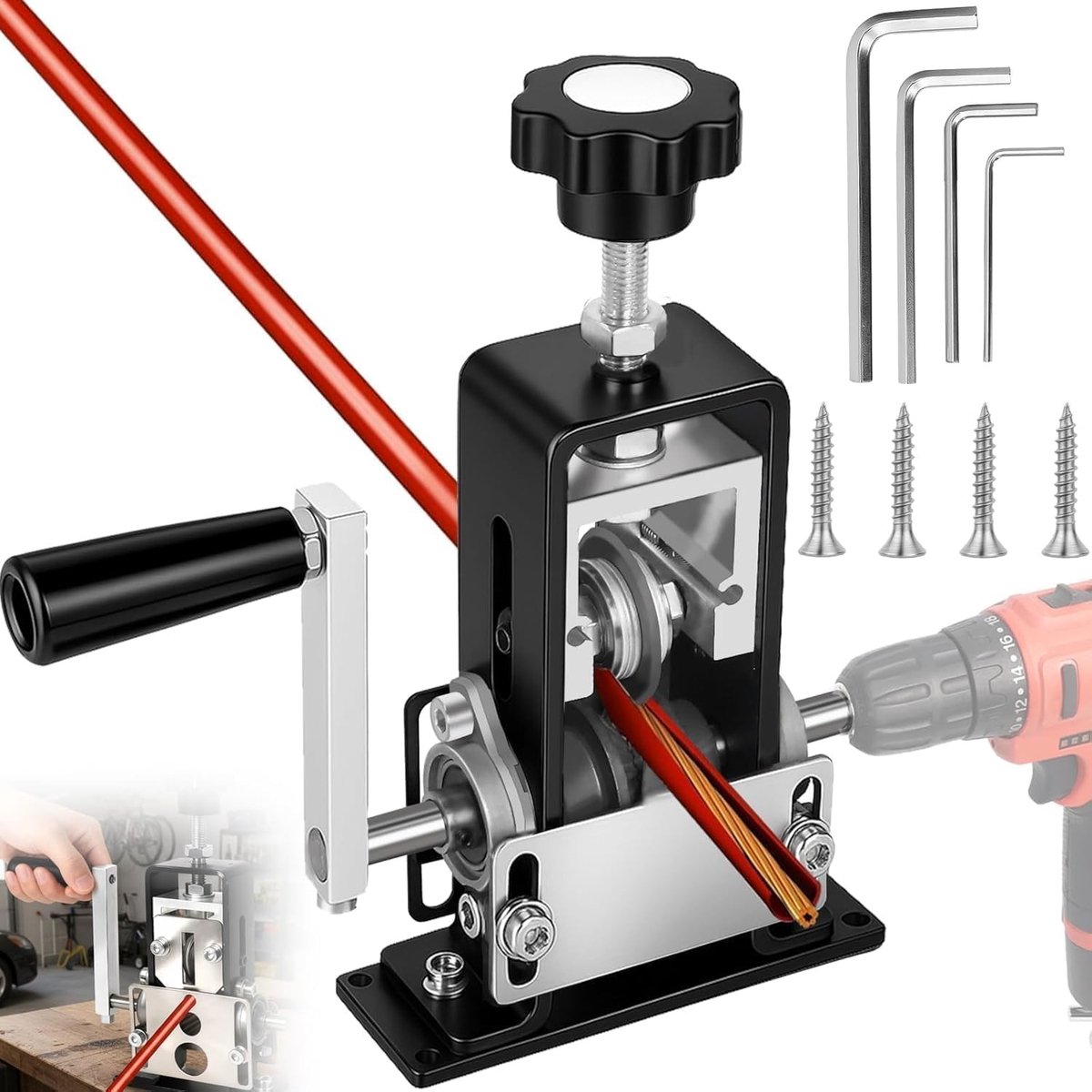 Kabelstripmachine voor 1-25 mm kabels | Nauwkeurige kabelstripper met verstelbaar mes, booraansluiting en handslinger – Perfect voor recycling en professioneel gebruik