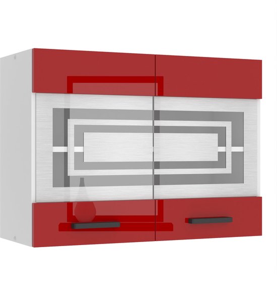 Hangkast met rode hoogglans deuren en glazen front met geometrisch patroon.