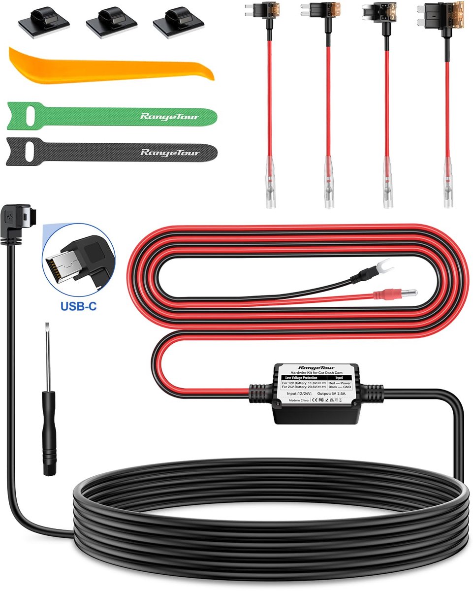 SnelShoppen - Range Tour Dash Cam Hardwire Kit - Harde Bedrading Kit voor Auto Cam met Mini USB/Micro USB/USB-C Poort - 4m Autolader Netsnoer 12V/24V