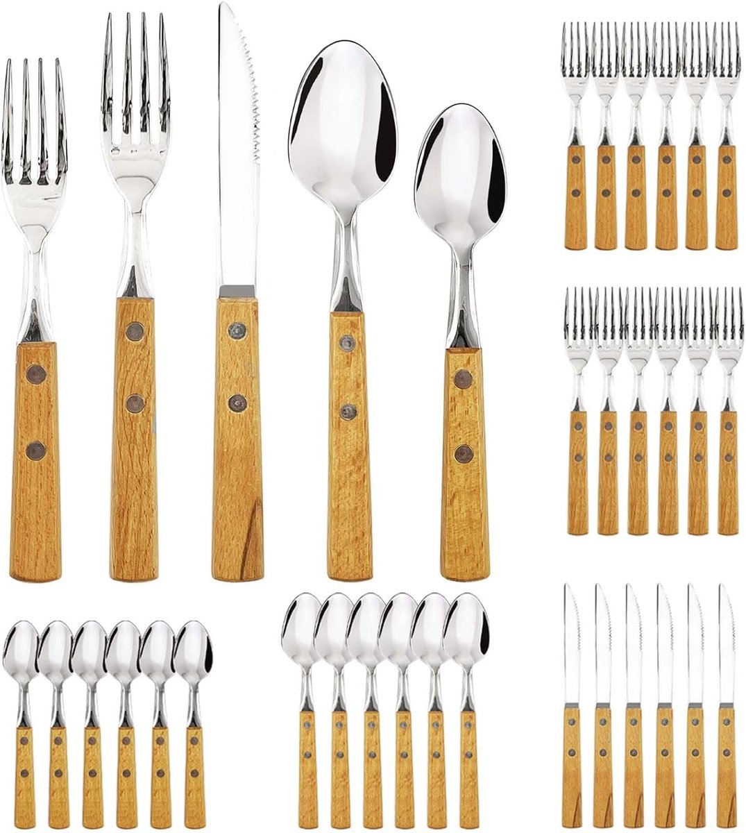 SnelShoppen - Houten Handvat Bestek Set - 30 Stuks RVS Bestek voor 6 Personen - Messen Vorken Lepels Set - Premium Palissander Servies - Zilverwerk vo