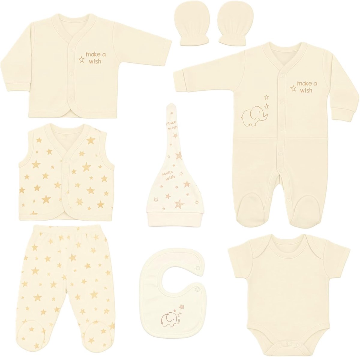 SnelShoppen - Blue Eyes Babycadeauset 8-delig 100% Natuurlijk Katoen - Uniseks Kleding voor Pasgeborenen 0-4 Maanden - Sterrencrème Eerste Uitrusting