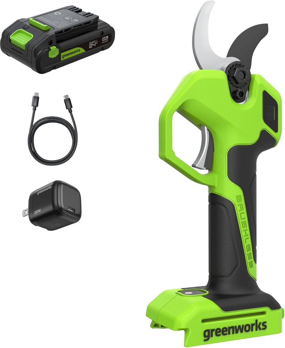 SnelShoppen - Greenworks 24V Elektrische Rebschaar Set met 2,0Ah Accu & 30W USB-C Ladegerät, Bürstenlos Motor, Stalen Klingen, Opening 22/32 mm, LED D