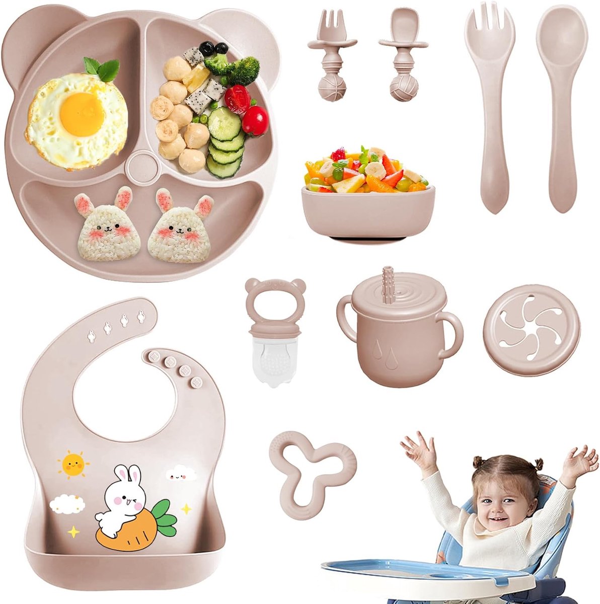 SnelShoppen - 11-delige babyvoedingsset siliconen met bord en zuignap, kom, beker, slabbetje, lepel en bestekset voor kinderen, beige, ideaal voor spe