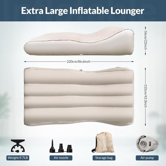 Opblaasbare Bank - Lucht Ligbank - Ontspannen Buiten - Ingebouwde Pomp - 220 x 110 cm - Kaki — afbeelding 3