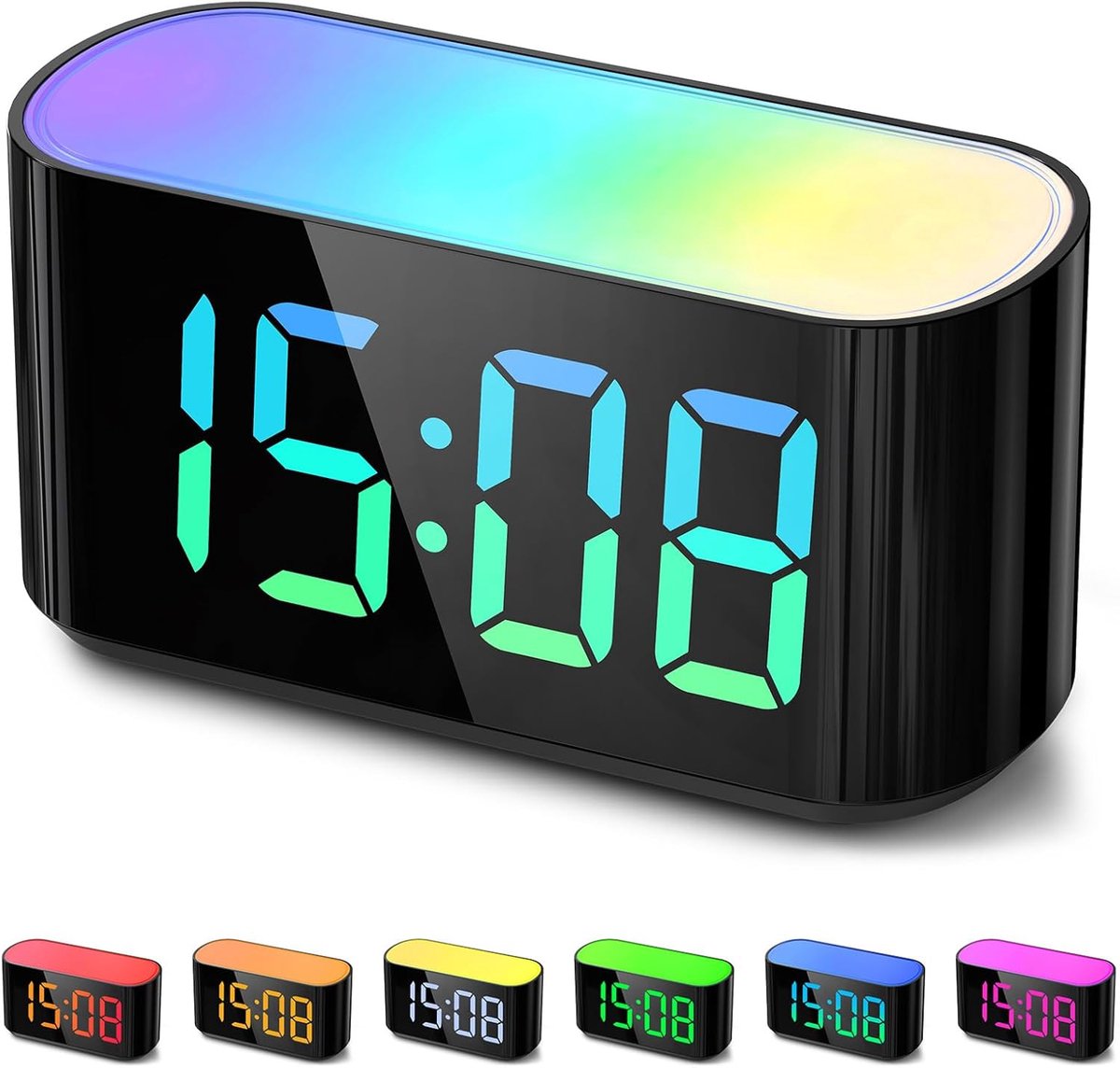 SnelShoppen - Digitale Wekker Kinderen met RGB Nachtlampje, Helderheidsdimmer 0-100%, Gekleurd Display, Grote Sluimerknop, Ideaal voor Schoolbeginners