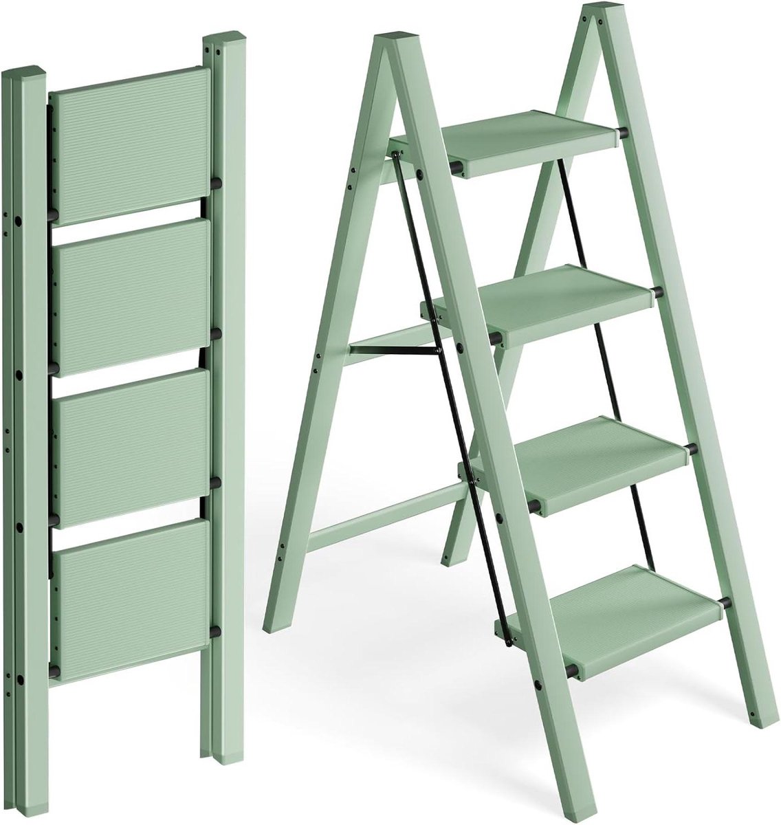 Trapladder 4 treden - Opstapkruk Aluminium - Klusjes in huis - Inklapbaar en veilig - 150 kg capaciteit - Lichtgroen