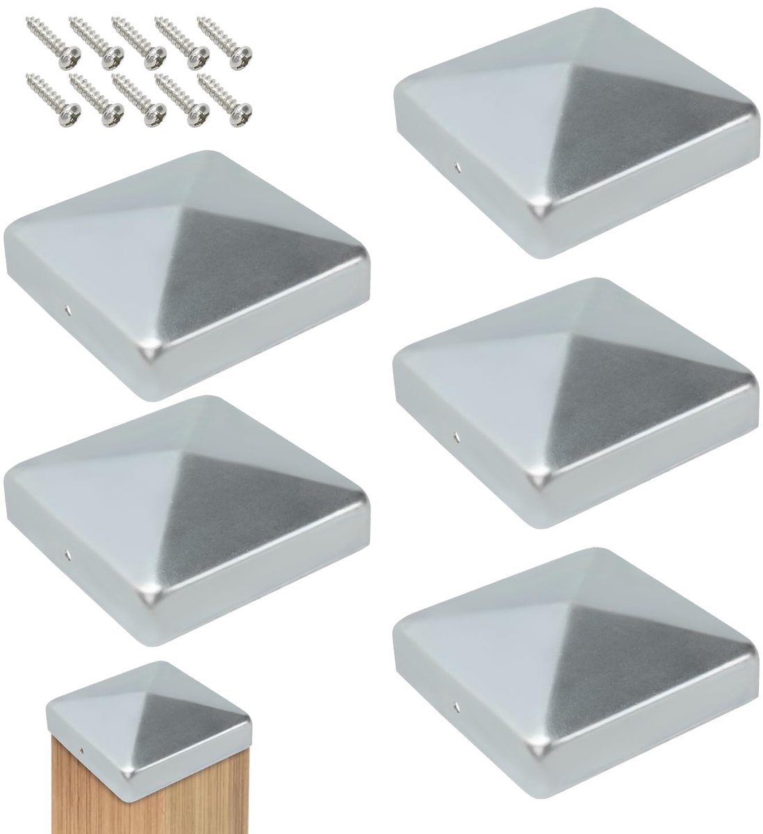 SnelShoppen - AROMUJOY Paalkappen 9,1 x 9,1 cm, 5 stuks metalen hekpaaldoppen, verzinkt, piramide afdekkappen voor houten palen in tuin, terras en erf