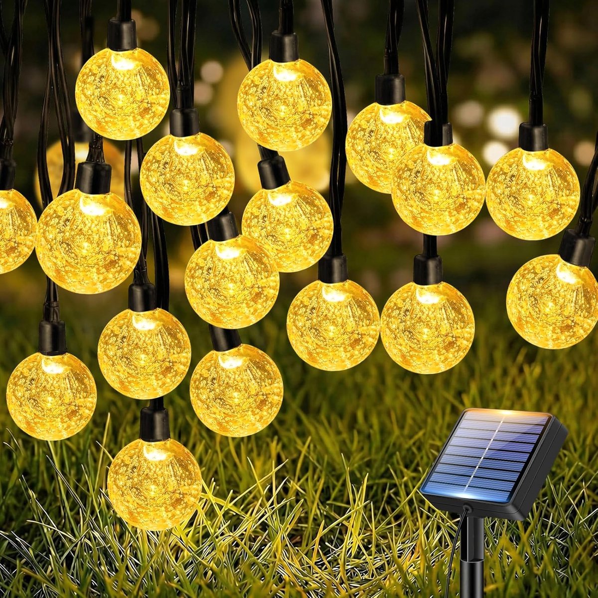 SnelShoppen - Lichtsnoer op Zonne-energie 10 m met Kristallen Bollen, Weerbestendig en IP65 Waterdicht, 8 Modi Lichtketting voor Buiten, Tuin, Balkon,