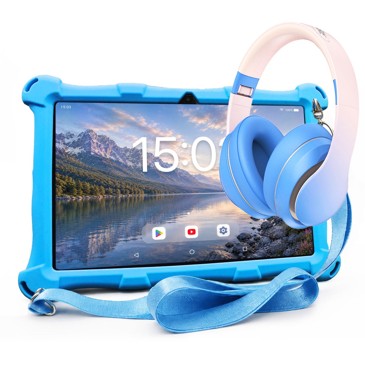 AngelTech Kinderpakket XL - Kindertablet XL + Kinderkoptelefoon - Combipakket - Kindertablet Vanaf 3 Jaar – Kinder Tablet – Kids Tablet - Tablet voor Kinderen - Blauw