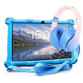 Tablette enfant AngelTech bleue avec un casque rose et bleu avec coussinets bleus et bandeau sur le côté.
