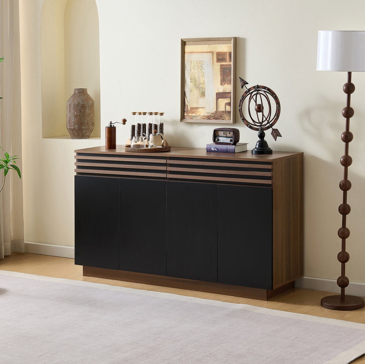 COVREO Dressoir 150x40x85 cm zwart en bruin, MDF met 2 lades