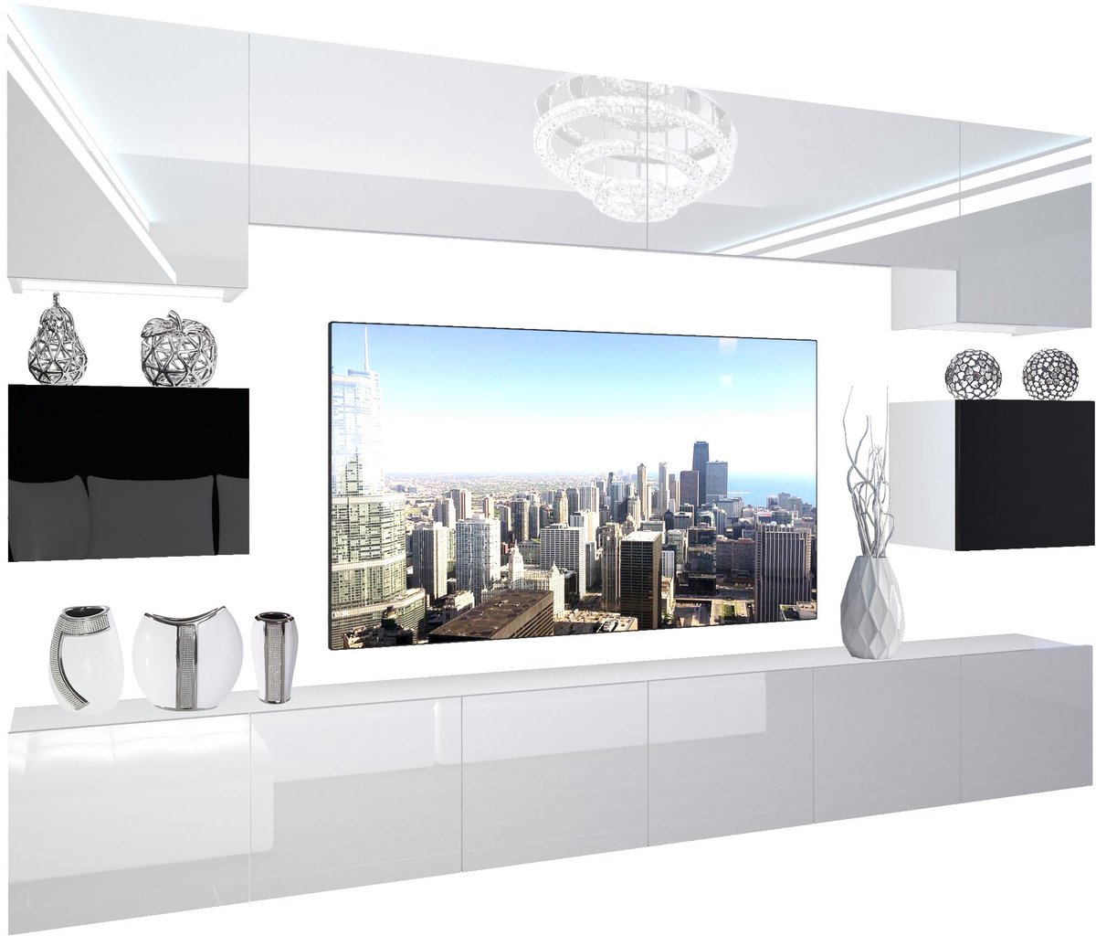 BELINI Wandmeubel NEX 3 - TV-Wandkast Set met LED-Verlichting Wit / Zwart - Hoogglans Fronten