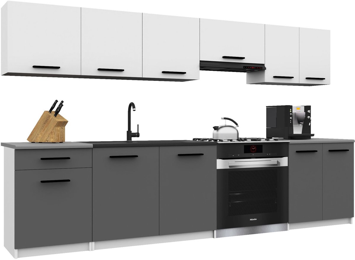BELINI Keukenblok ITALIA 2 - Keukenmeubel Set 240 cm Wit-Grijs met Werkbladen - Boven- en Onderkasten