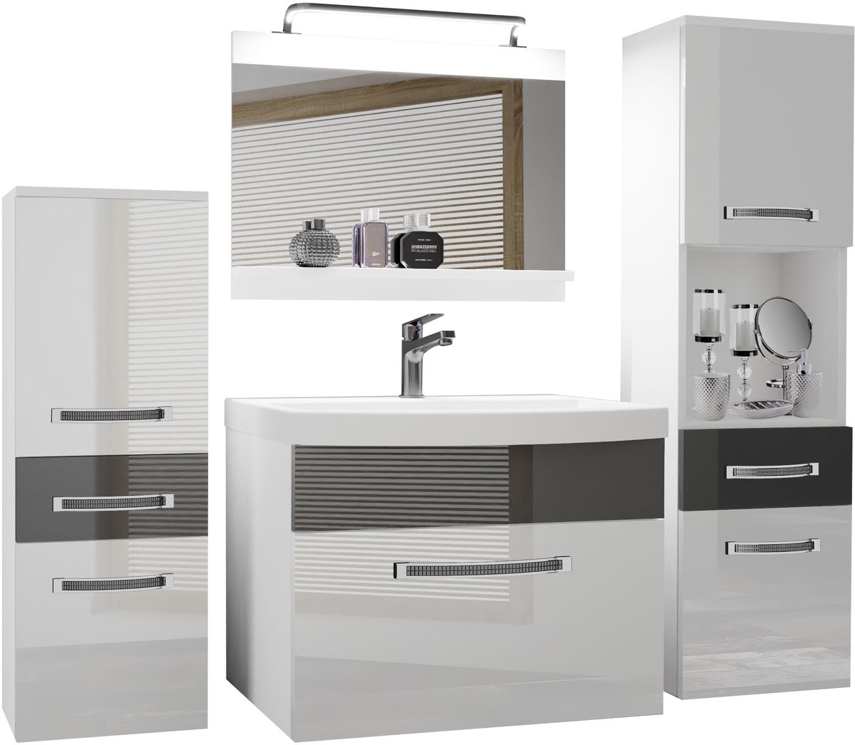 BELINI Badkamermeubel Set GLA P 5 - Badmeubelset 140 cm Wit Zilver Hoogglans met Wastafel, Spiegel en LED Lamp - Wandmontage