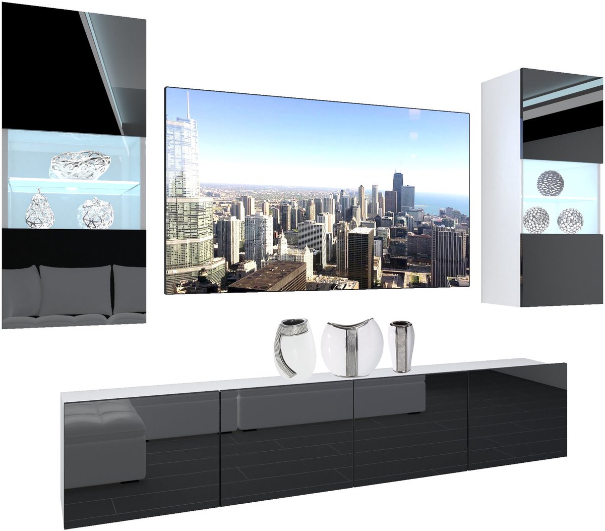 BELINI Wandmeubel NEX 7 - TV-Wandkast Set met LED-Verlichting Zwart - Hoogglans Fronten
