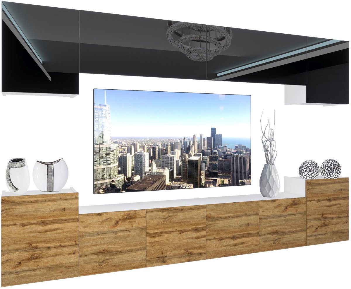 BELINI Wandmeubel NEX 4 - TV-Wandkast Set met LED-Verlichting Zwart / Wotan Eiken - Hoogglans Fronten