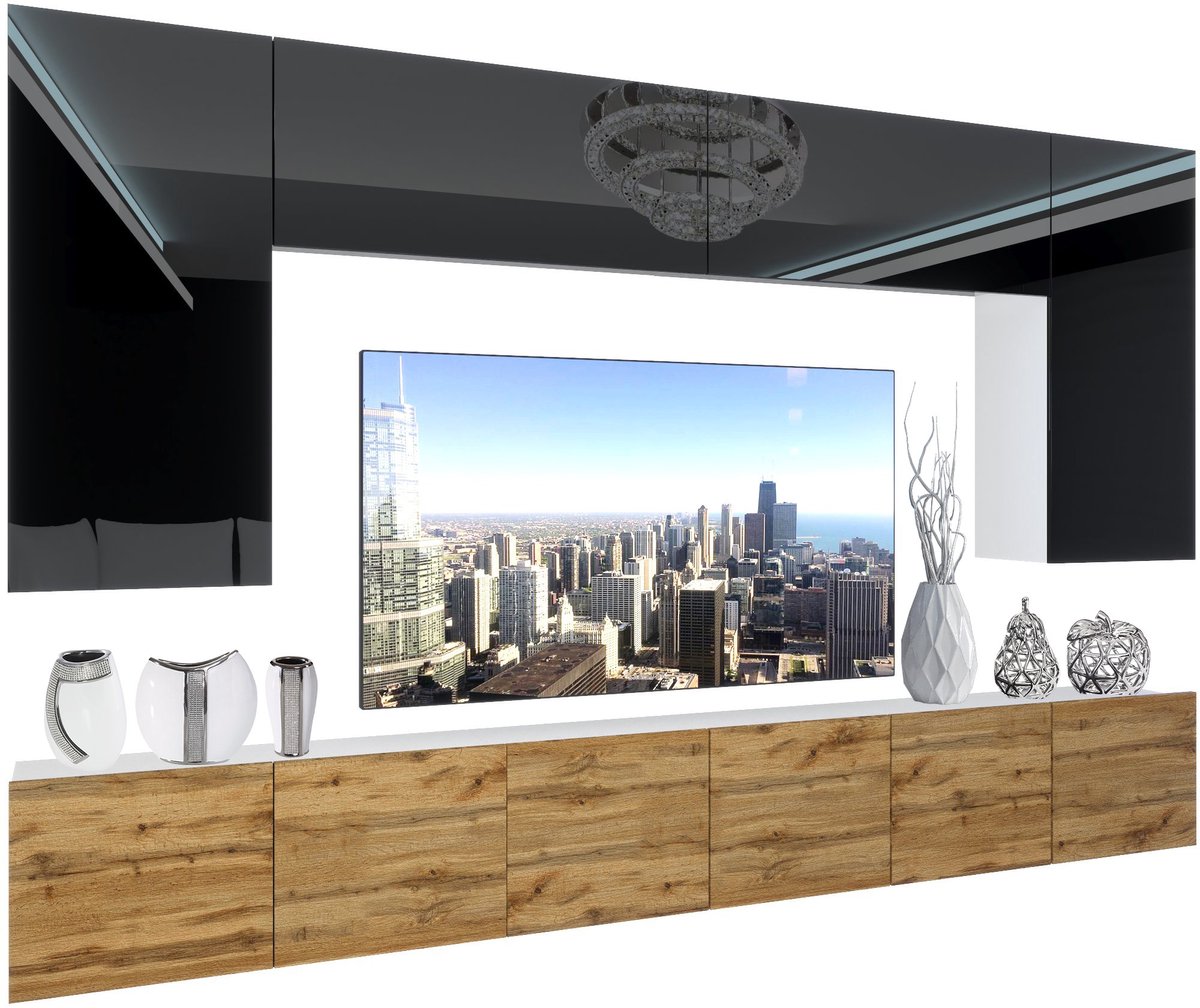 BELINI Wandmeubel NEX 2 - TV-Wandkast Set met LED-Verlichting Zwart / Wotan Eiken - Hoogglans Fronten