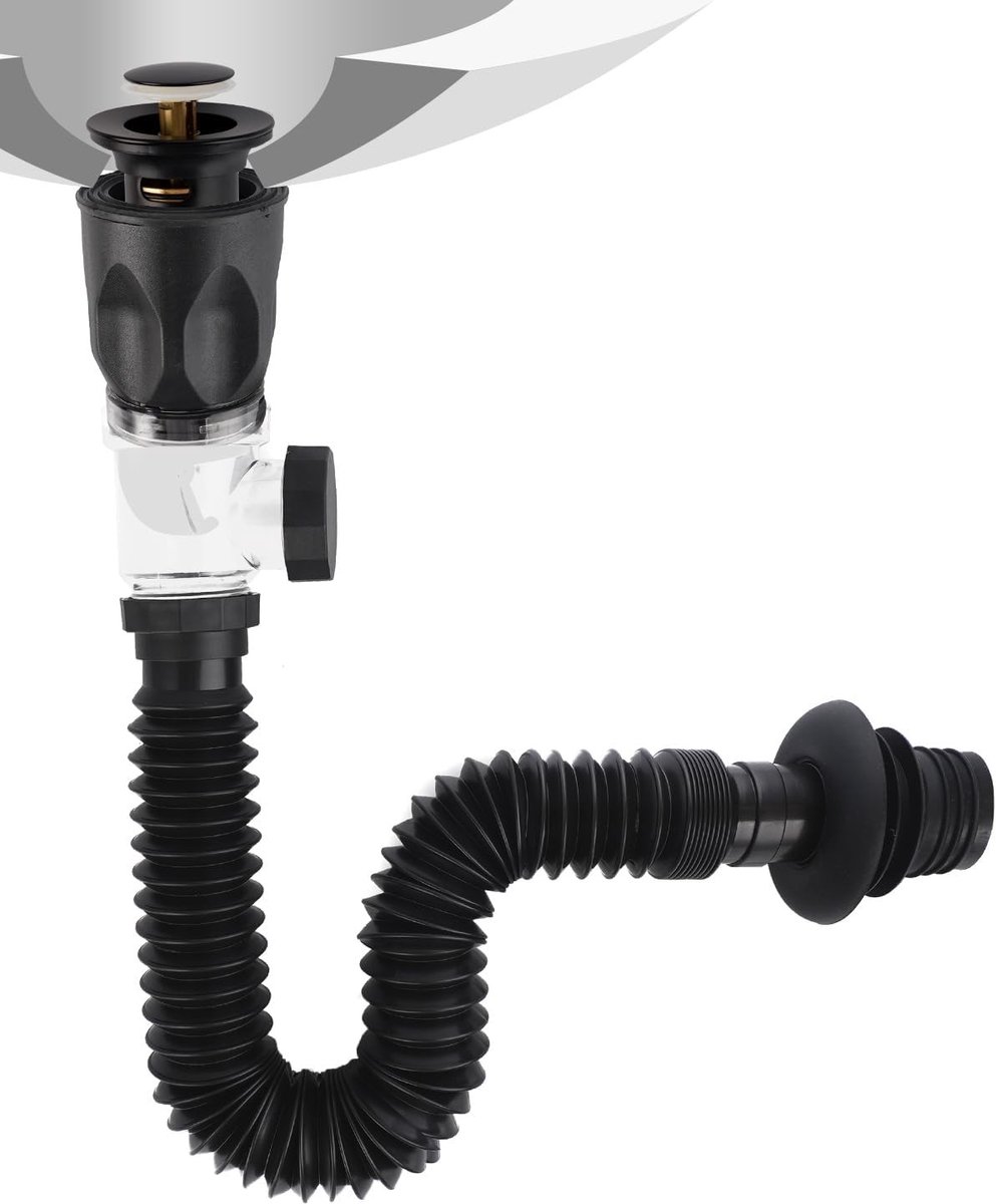 Odour Resistant Afvalset voor Badkamer en Keuken, Universele Pop-Up Click-Clack Afvoer met Flexibele Pijp - Zwart, Duurzaam en Stijlvol