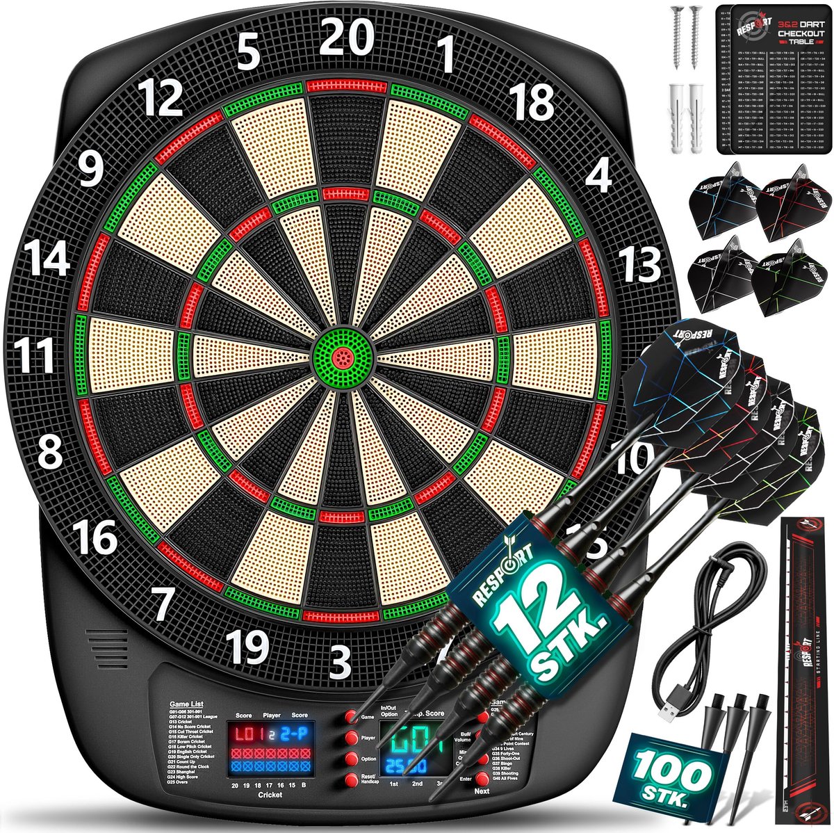 SnelShoppen - Professionele elektronische dartset met 12 pijlen, 24 Pro flights, 100 pijlpunten en accessoires - E-dartautomaat voor 1-8 spelers met 4