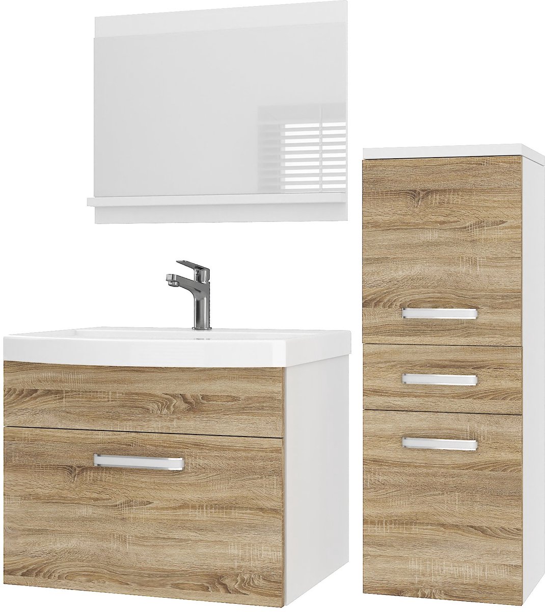 BELINI Badkamermeubel Set PRI M2 - Badmeubelset 90 cm Sonoma Eiken Mat met Wastafel en Spiegel - Wandmontage