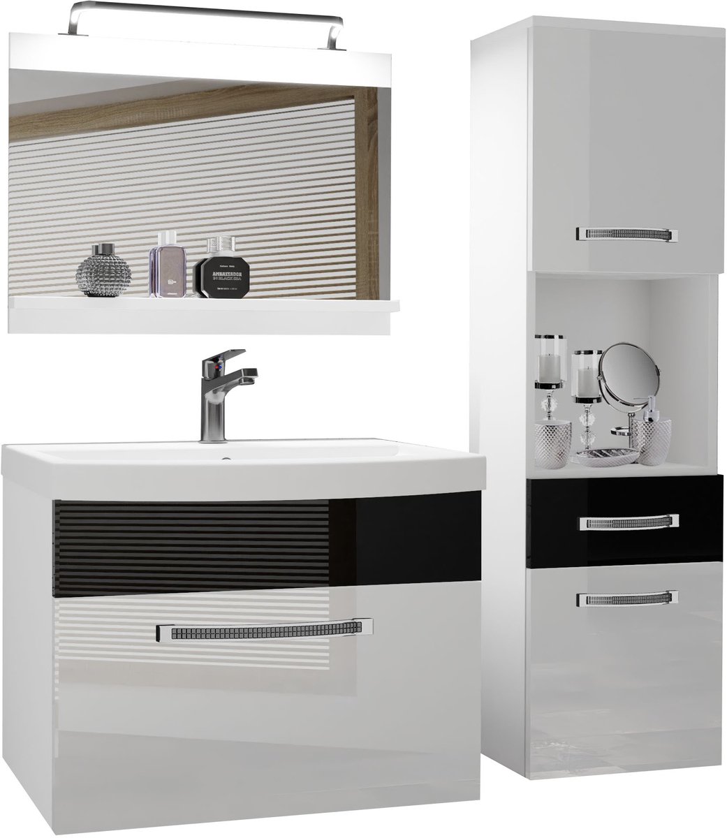 BELINI Badkamermeubel Set GLA P 3 - Badmeubelset 100 cm Wit Zwart Hoogglans met Wastafel, Spiegel en LED Lamp - Wandmontage