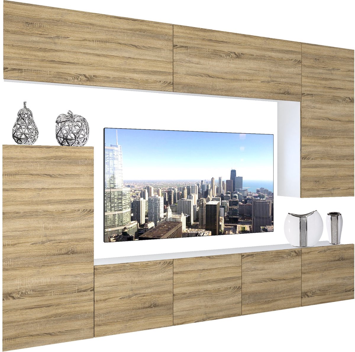 BELINI Wandmeubel NEX 8 - TV-Wandkast Set met LED-Verlichting Sonoma Eiken - Hoogglans Fronten