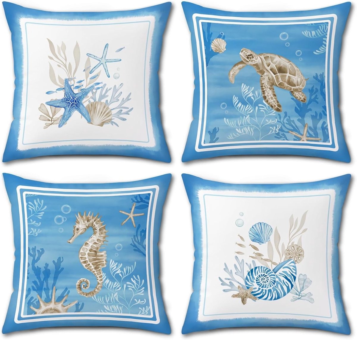 Decoratieve Kussenslopen met Zeeleven Motief, Set van 4, 45x45cm, Ideaal voor Sofa en Bed, Perfect voor een Coastal Interieur met Schildpadden en Zeesterren