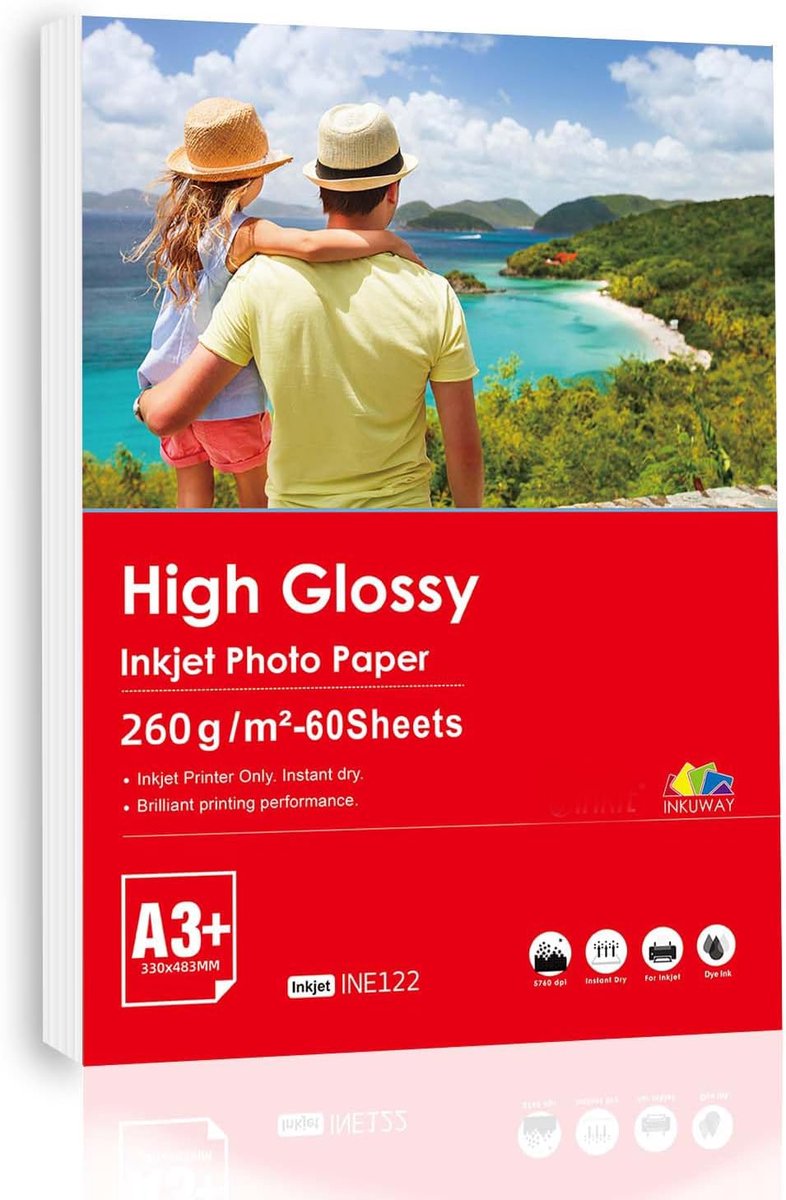 SnelShoppen - A3 Plus Fotopapier Hoogglans 260g/m² - 60 Vellen Inkjetpapier voor Fotoafdrukken, Kaartafdrukken en DIY-projecten