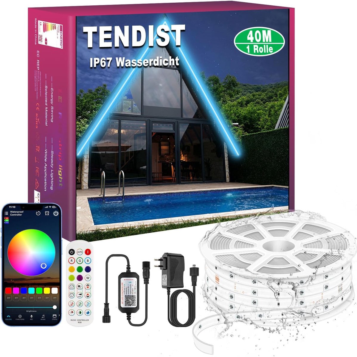 SnelShoppen - IP67 RGB Ledstrip Voor Buiten - Waterdicht, Bluetooth Outdoor Ledstrip met App, Afstandsbediening, Muzieksynchronisatie, Zelfklevend, 40