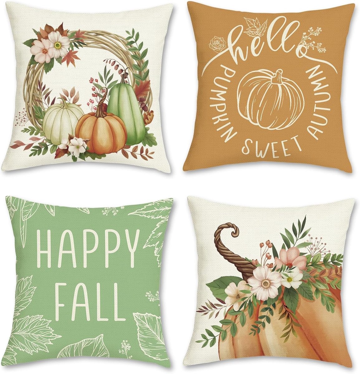 Decoratieve Kussenslopen met Pompoenen en Bladeren voor Herfst en Thanksgiving - Set van 4, 45 x 45 cm, Polyester voor Sofa en Bed