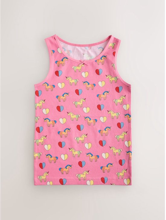 Roze hemdje met all-over print van eenhoorns en tweekleurige hartjes.