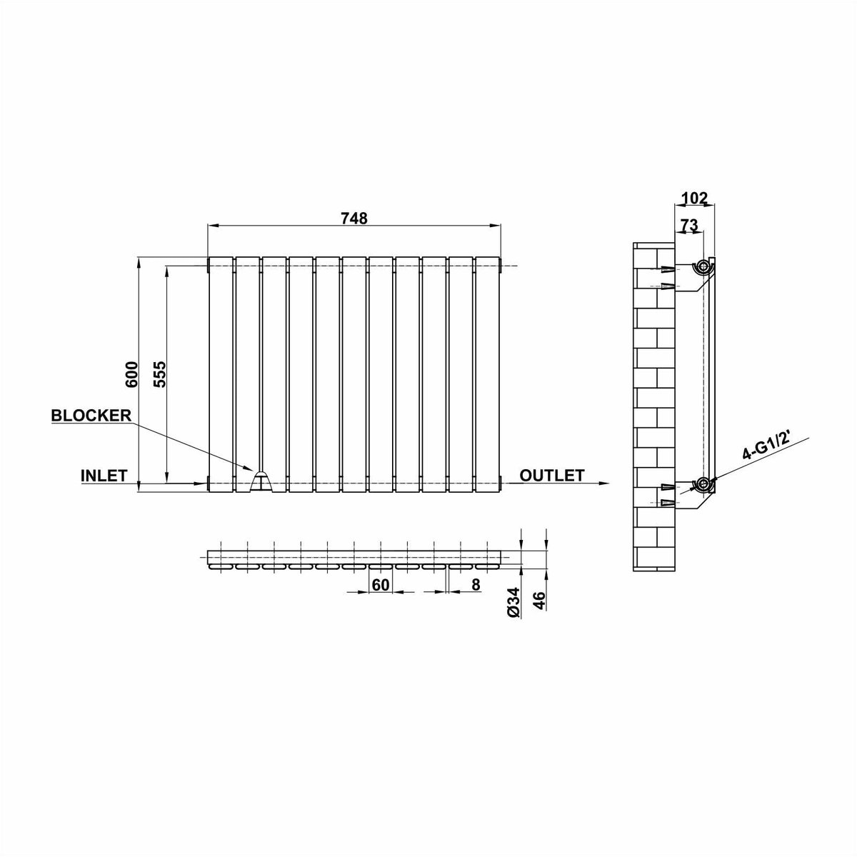 SnelShoppen - GY Bad Horizontale Radiator Witte Vlakke 600x748mm Moderne Centrale Verwarming voor Thuis, Badkamer en Woonkamer
