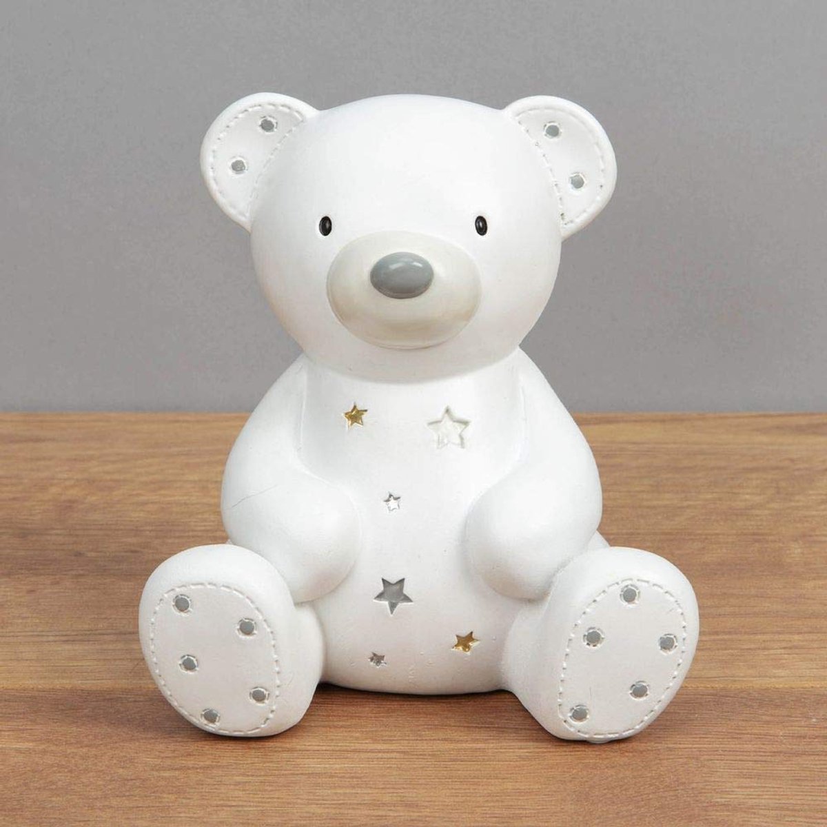 SnelShoppen - Witte Hars Spaarpot Teddybeer met Kristallen Sterren - Babycadeau voor Doop, Babyshower - 12 x 11 x 9 cm - Uniek en Schattig Geschenk vo