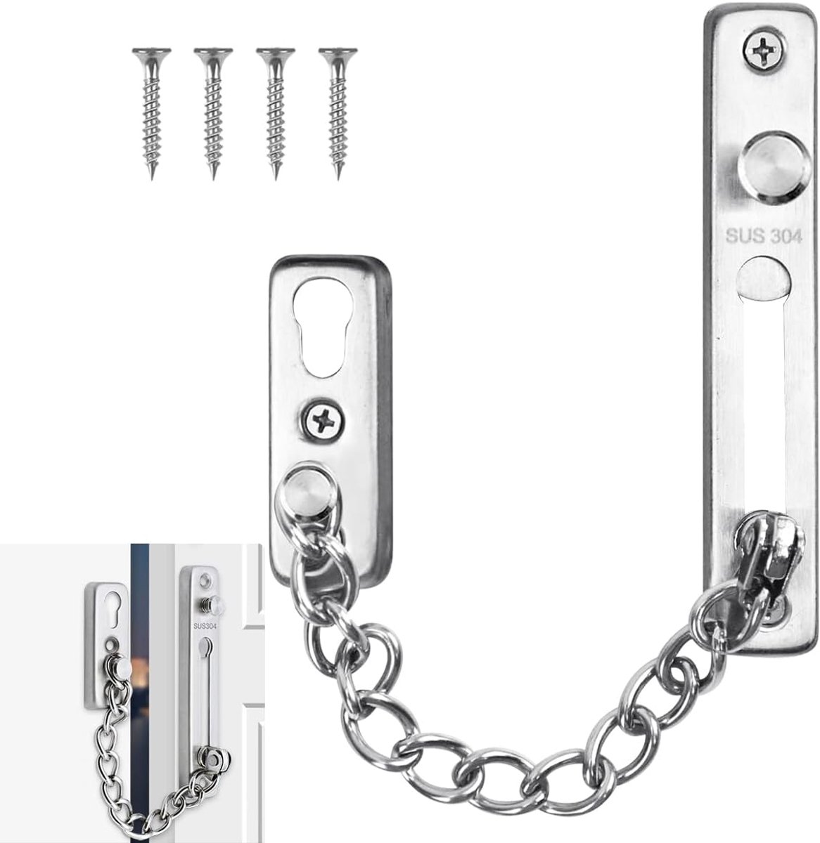 Veiligheidsdeurketting RVS 304 – Deurketting met Schroeven – Extra Deurbeveiliging – Voor Houten en Metalen Deuren – Zilver