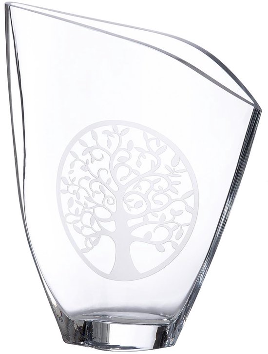 SnelShoppen - Gilde Glas Decoratieve Vaas - Bloemenvaas van Glas met Levensboom Motief - Moderne Woondecoratie - Transparant - Hoogte 33 cm - Perfect