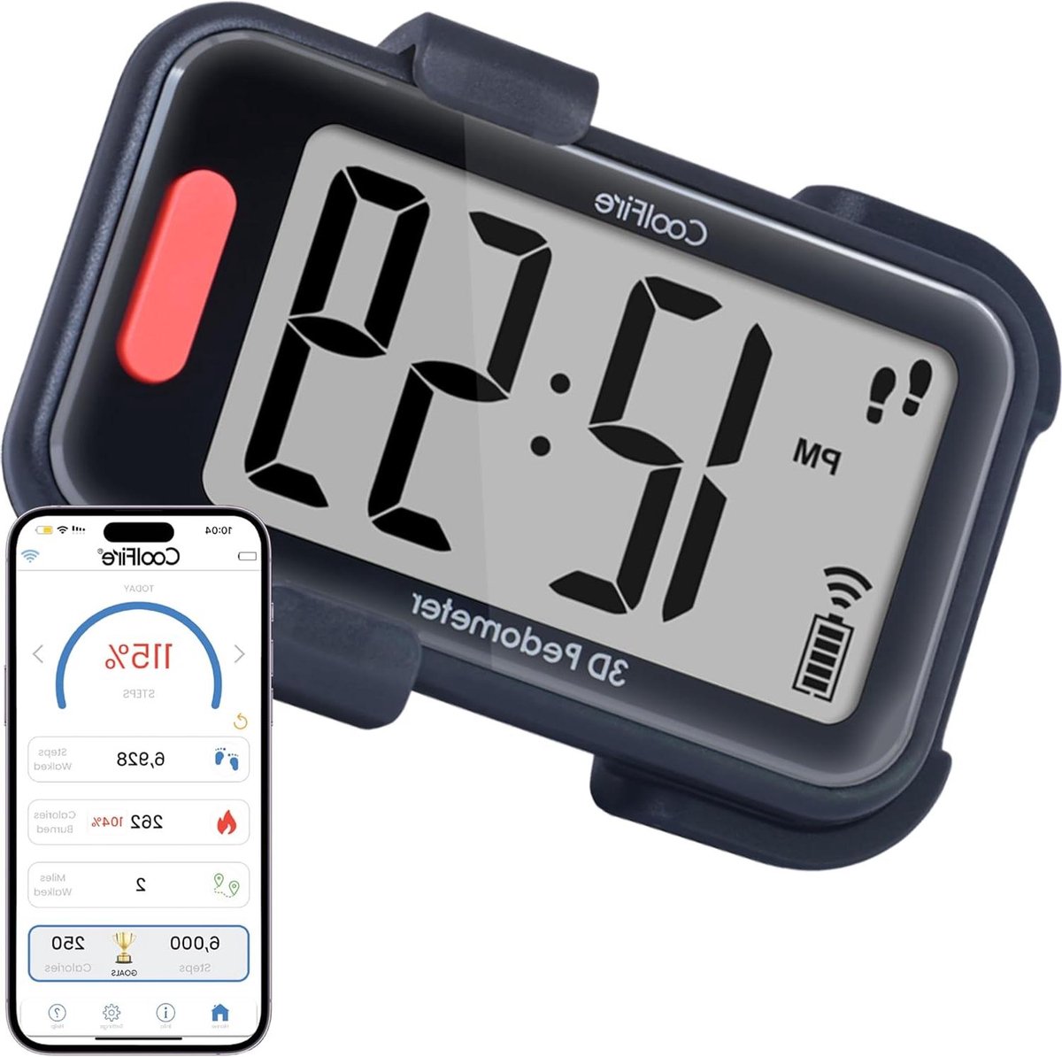 Stappenteller met Clip - Calorie teller - Fitness Doelen - 3D Tri-Axis Sensor - Groot Display - Zwart