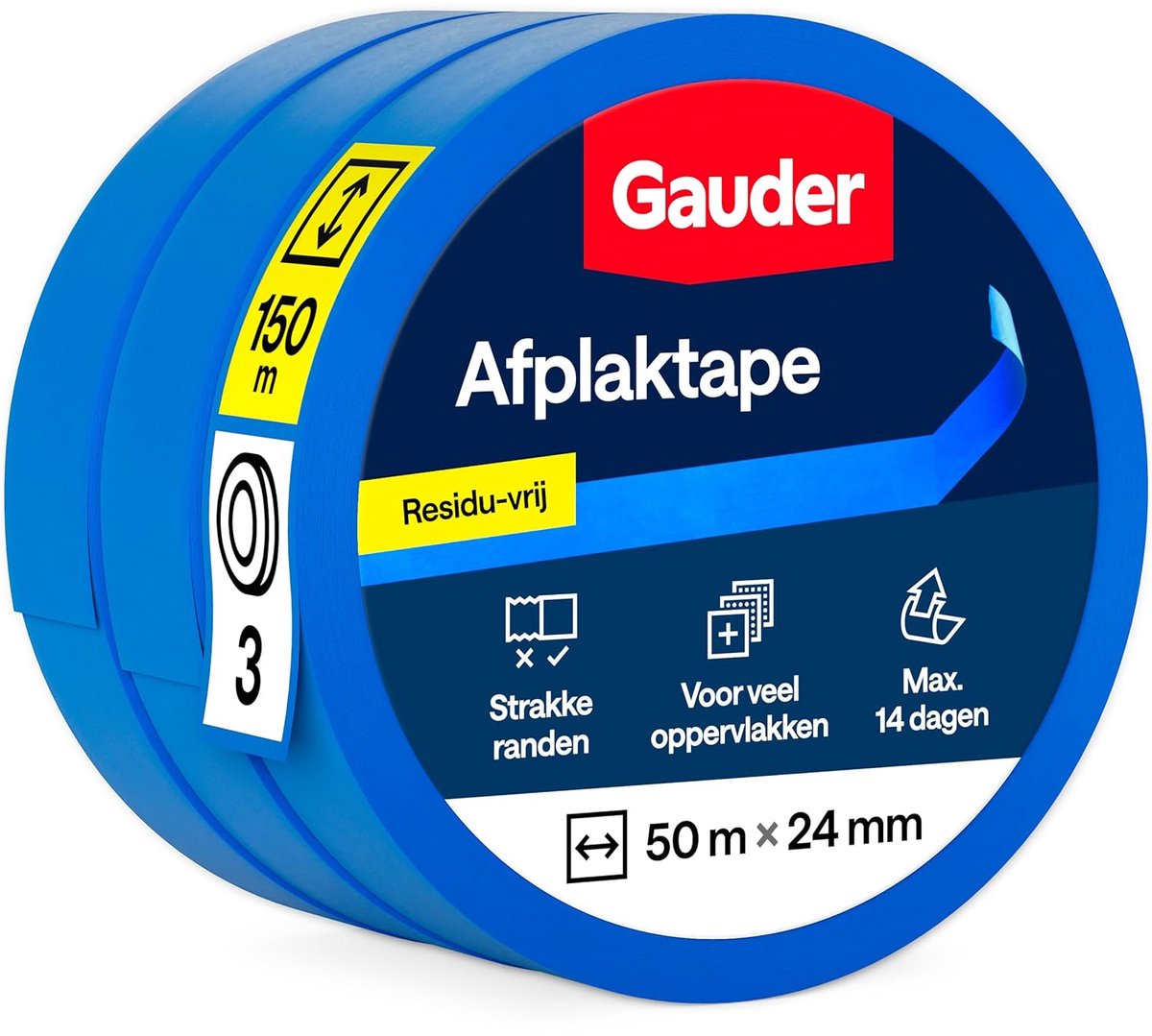 SnelShoppen - Schildertape voor Nauwkeurige Kleurranden - Crêpe Tape voor Schilderwerk - Blauwe Afplakband - Plakband voor Schildertape (3 Rollen - 24